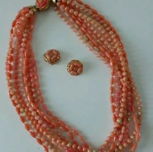 Vintage 1960's Coral Colored Bead Necklace and Earrings